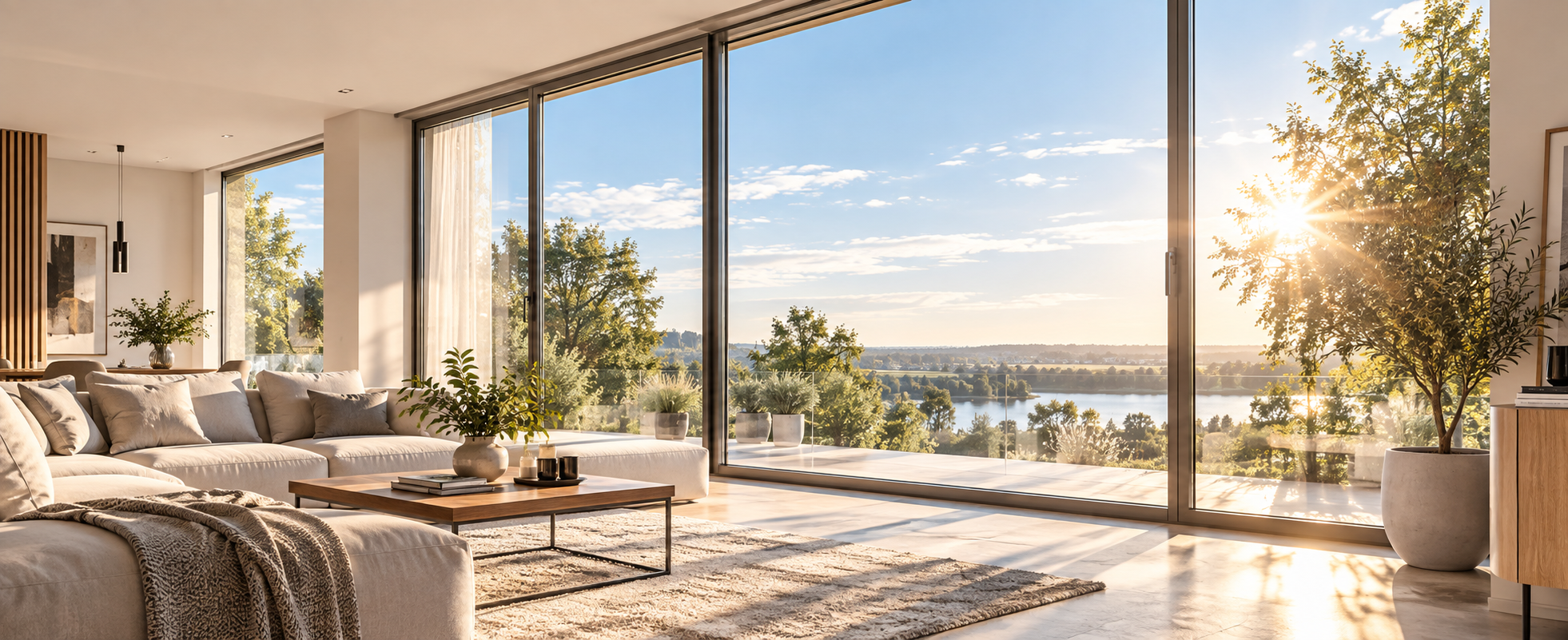 Heller moderner Wohnraum mit großen Fensterflächen