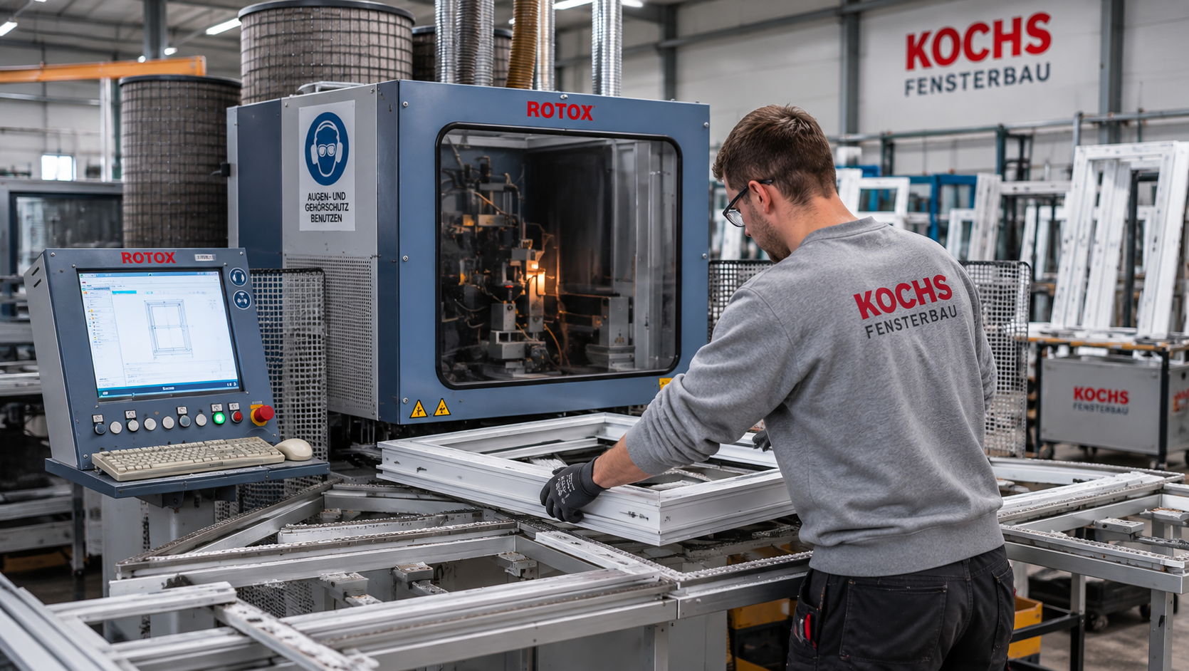 Mitarbeiter an einer Produktionsmaschine bei KOCHS-Fensterbau