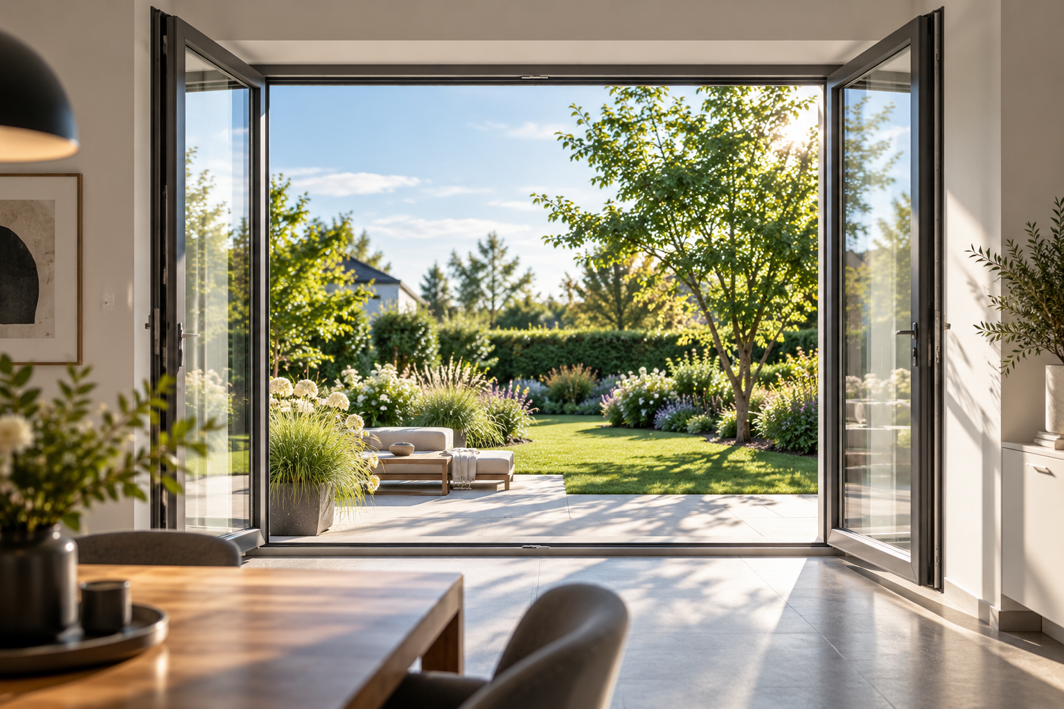 Geöffnete Fenster mit Blick in einen Garten
