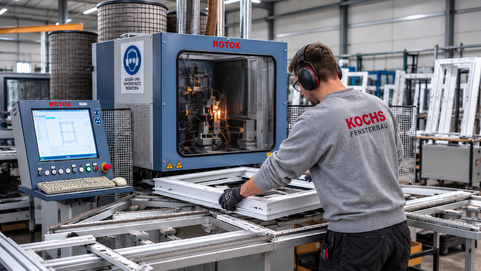 Mitarbeiter an einer Produktionsmaschine bei KOCHS-Fensterbau